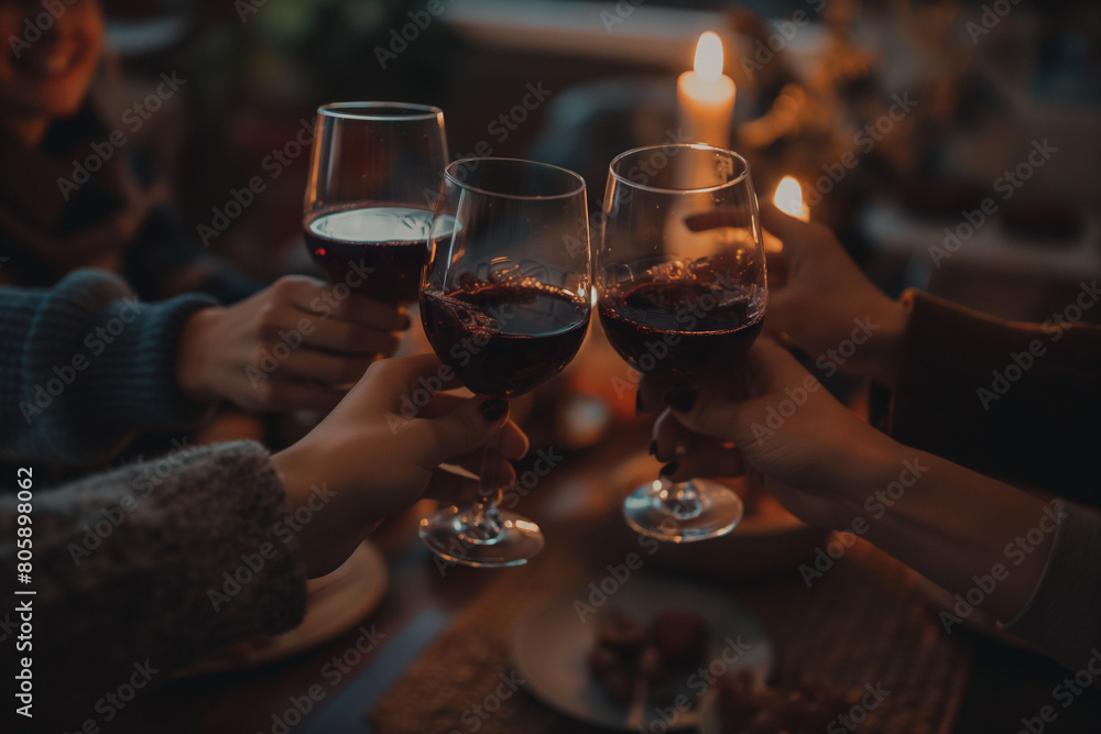 A group of friends toasting with red wine in glasses at home, warm lighting, evening time, low angle shot, dark background, focusing on the hands holding and clinking glasses together