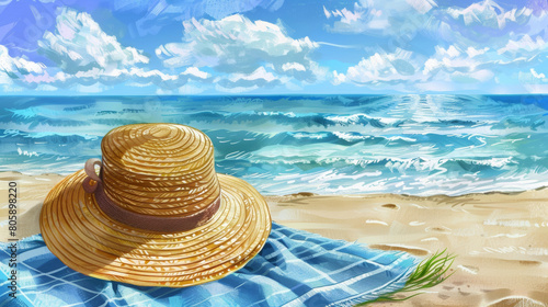 Photo of a wide-brimmed straw hat on a beach towel  seaside with soft waves