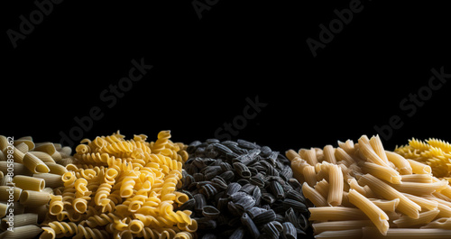 Various groups of raw colored flour wheat pasta in a row, black background isolate. AI generated.
