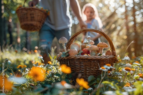 Family on walk in forest, going through meadow. Picking mushrooms, herbs, flowers picking in basket, foraging. Concept of family ecological hobby in nature.