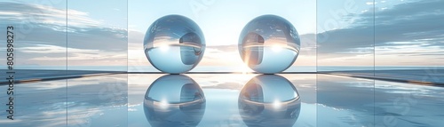 Two large  clear spheres are reflected in the water