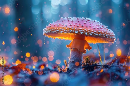 Fantasy enchanted fairy tale forest with magical Mushrooms. Beautiful macro shot of magic mushroom, fungus. Magic light. 