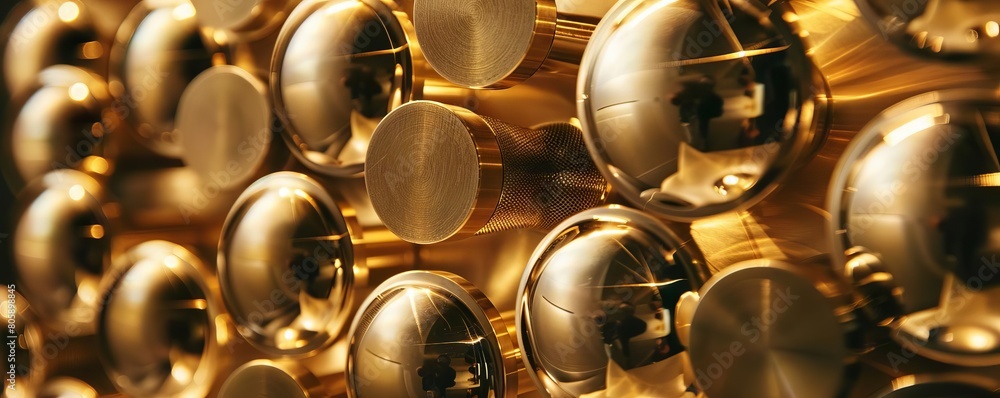 Polished bronze doorknobs arranged in a circular pattern, reflecting each other s glimmering surfaces