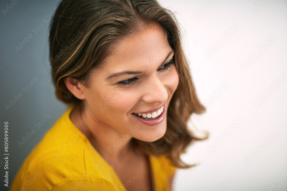 Happy woman, smile and thinking on studio backdrop for relax, memory and optimistic on mockup. Female person, remember and nostalgia by grey background for daydream, ideas and laughing at joke Happy woman, smile and thinking on studio backdrop for relax, memory and optimistic on mockup. Female person, remember and nostalgia by grey background for daydream, ideas and laughing at joke