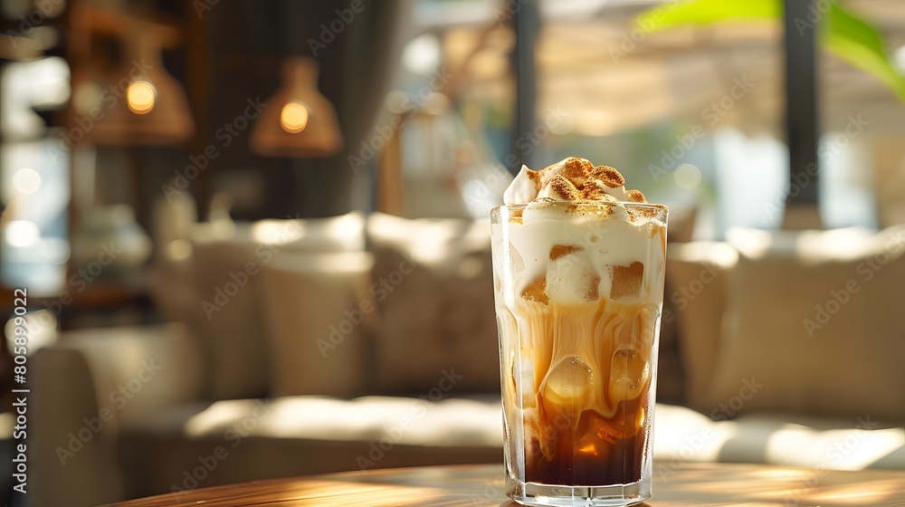 A tall glass of cold ice coffee with cream on top and brown liquid underneath, sitting on a table in front of an out of focus living room with soft lighting A tall glass of cold ice coffee with cream on top and brown liquid underneath, sitting on a table in front of an out of focus living room with soft lighting