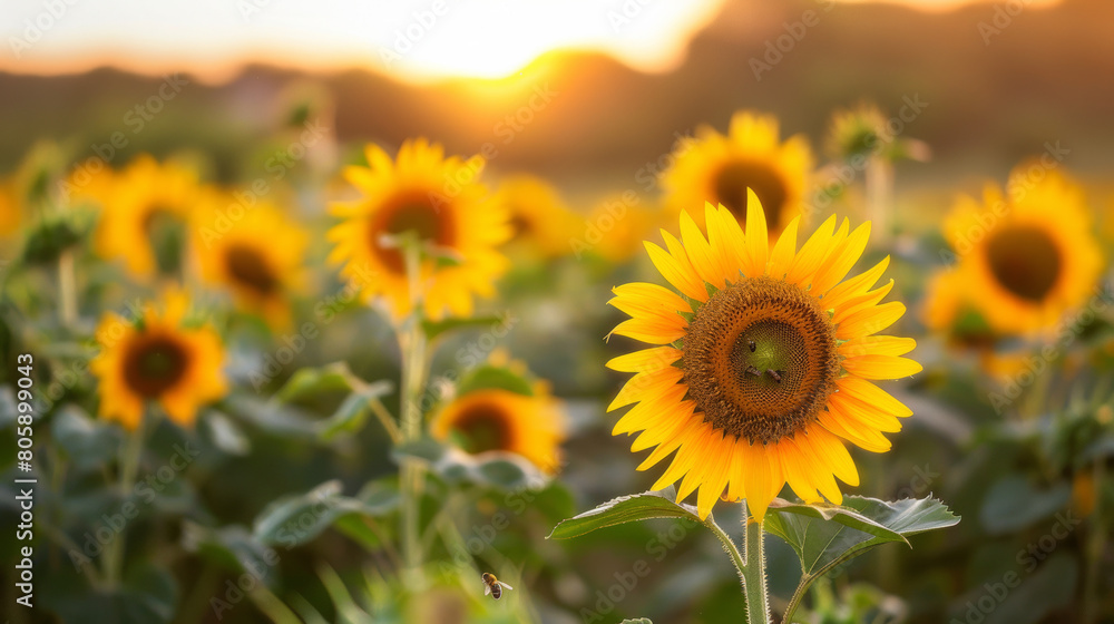 Bright sunflower field at sunset, close focus on one sunflower with bees Bright sunflower field at sunset, close focus on one sunflower with bees