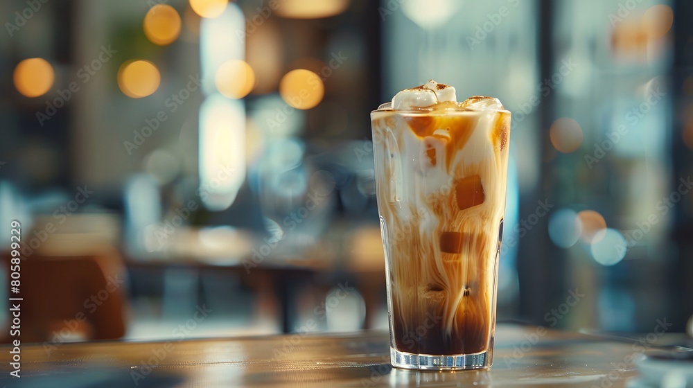 A tall glass of cold ice coffee with cream on top and brown liquid underneath, sitting on a table in front of an out of focus living room with soft lighting A tall glass of cold ice coffee with cream on top and brown liquid underneath, sitting on a table in front of an out of focus living room with soft lighting