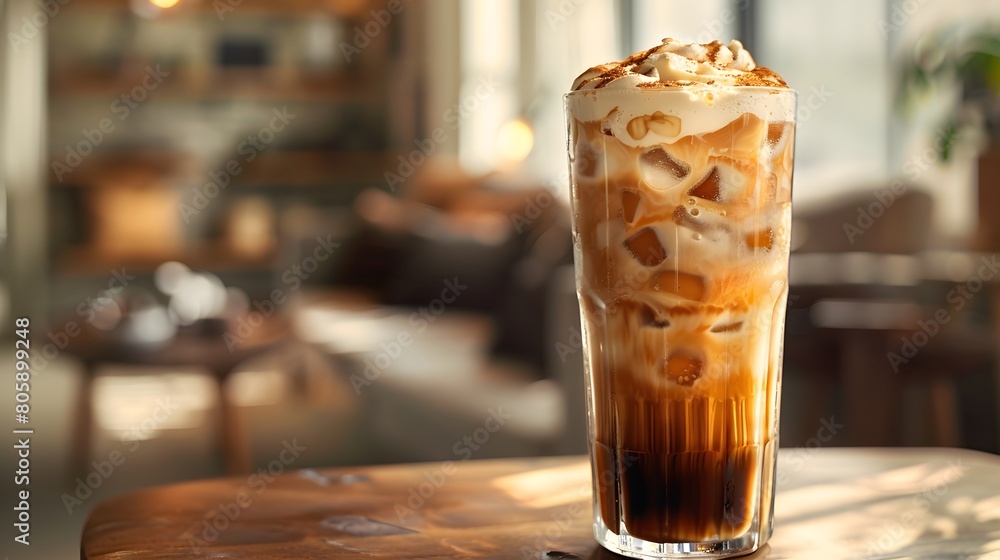 A tall glass of cold ice coffee with cream on top and brown liquid underneath, sitting on a table in front of an out of focus living room with soft lighting