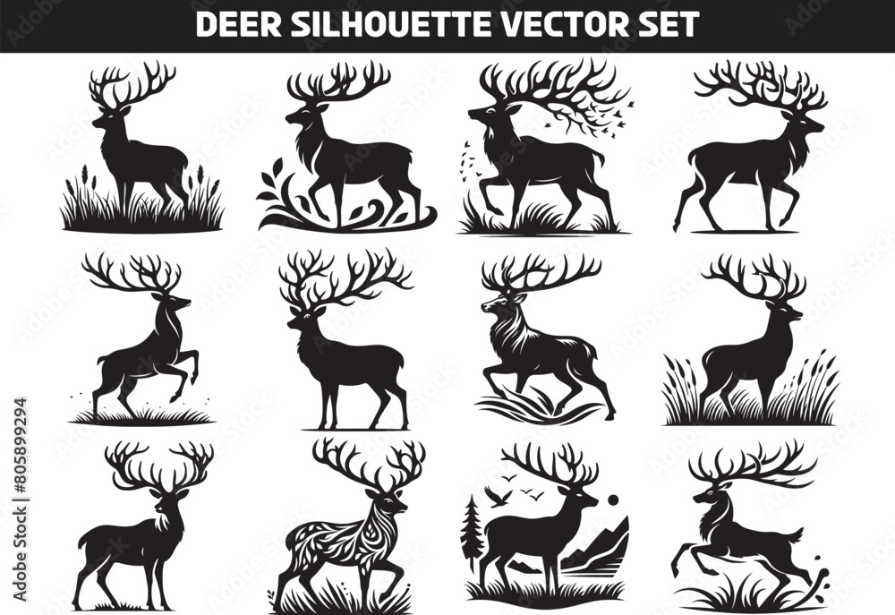 Deer Silhouette Vector Illustration Set