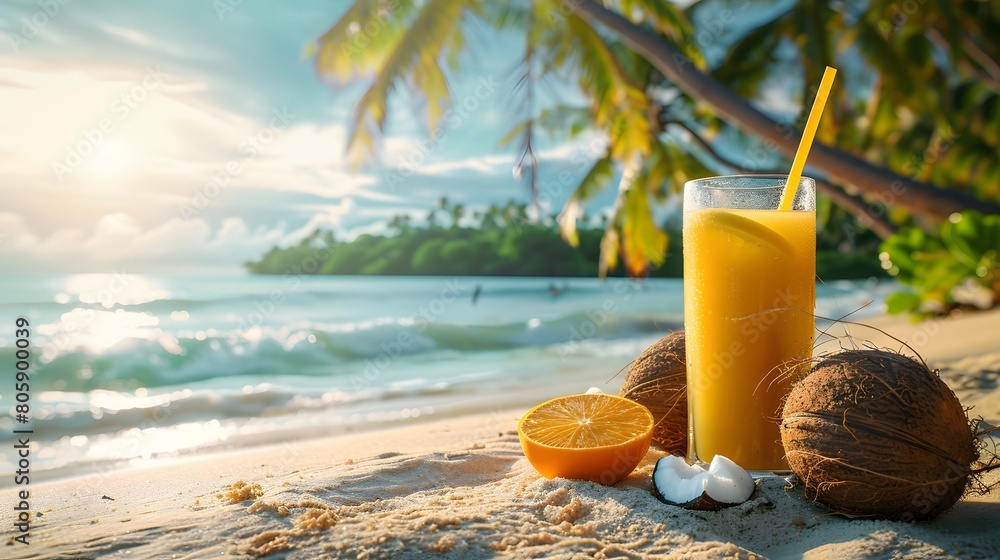 A tropical summer background with a beach and palm trees, a coconut on the sand, and an orange juice glass on top of that. The blue sea is visible in the distance. sunny outside. A tropical summer background with a beach and palm trees, a coconut on the sand, and an orange juice glass on top of that. The blue sea is visible in the distance. sunny outside.