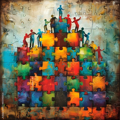 Diverse team working together to solve complex puzzle and achieve shared goal description This vibrant colorful artwork depicts a diverse group of