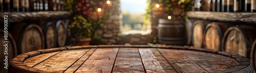 Rustic barrel table in a warm and inviting vineyard tasting room with diffuse lighting creating a cozy atmosphere photo