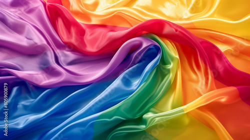 A colorful piece of fabric with a rainbow pattern. The colors are vibrant, creating a sense of joy and celebration. fabric for a special occasion or event. Fluid Rainbow Waves Embrace Diversity
