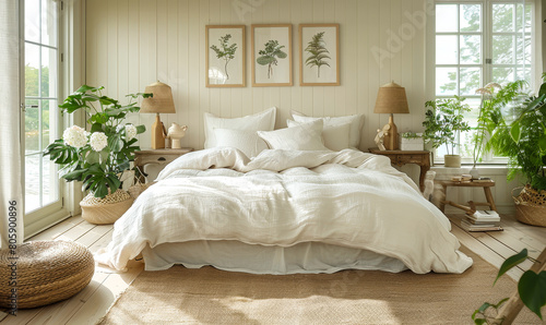 Cozy Boho Chic Bedroom with Floral Accents - White Interior  Mounted Posters  Wooden Stool  Macrame Pouf