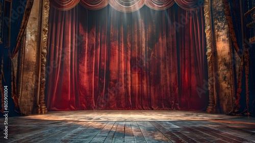 An Ornate Theater Stage Curtains Slightly Parted Revealing an Empty Performance Space for Announcements and Presentations