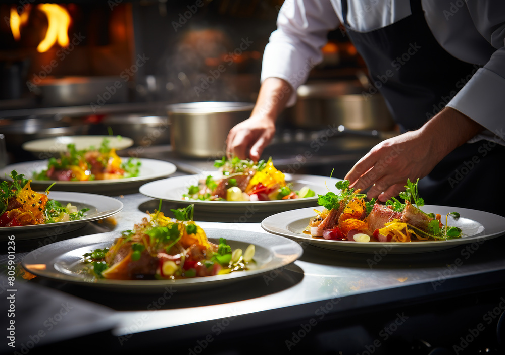 Gourmet Cuisine Preparation: Chef Plating Exquisite Dish in Upscale Restaurant Kitchen, Culinary Artistry at Work