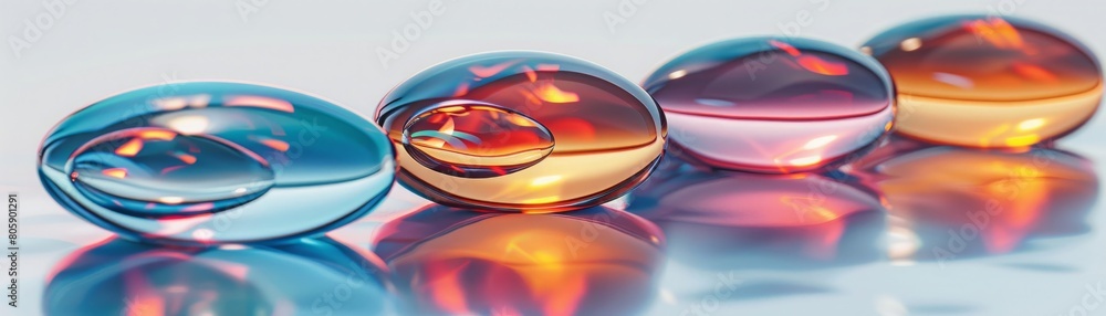 A row of colorful pills are sitting on a white background A row of colorful pills are sitting on a white background