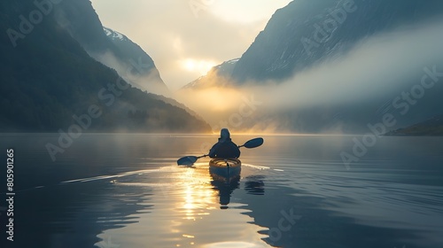 Kayaking Through Misty Fjords at Sunrise in Norway s Wilderness photo