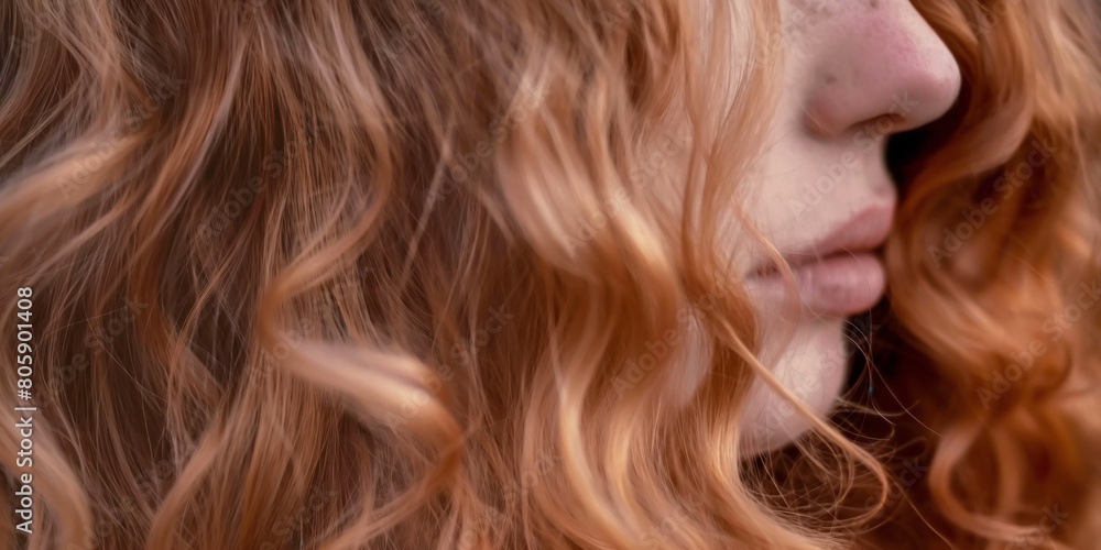 Young lady with blond and curvy hair in closeup view Young lady with blond and curvy hair in closeup view