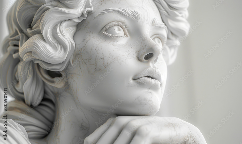 Melancholic Muse: Pensive Greek Goddess Nymph Sculpture Head in Monochrome 3D Rendering