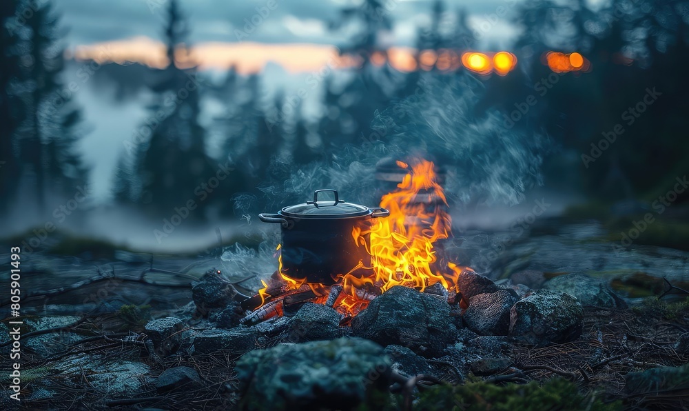 A lone campfire burns in the misty woods A lone campfire burns in the misty woods