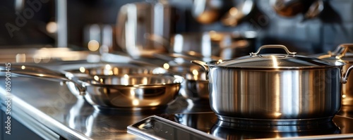 Stainless steel kitchenware arranged neatly on a countertop, with each piece gleaming brightly