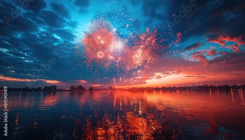 Igniting the night sky with vivid hues, the fireworks display shimmered and danced, casting their radiant reflections upon the tranquil waters below