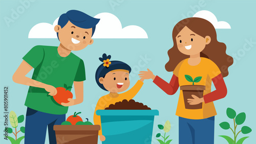 A young child excitedly composting their food scraps with their parents learning about waste reduction and nutrientrich soil..