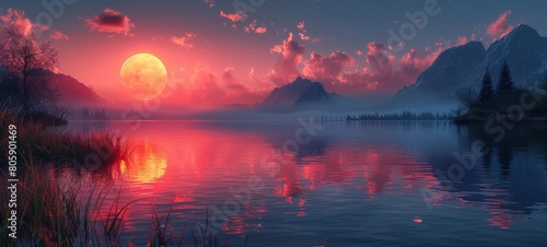 A tranquil landscape with a large orange moon rising over a mountainous lakeside at dusk  reflecting on the water under a pink sky.