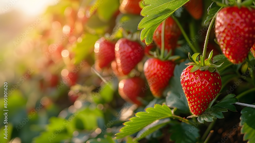A vibrant and lush strawberry field, with bright red strawberries hanging from the branches in full bloom under warm sunlight. creating an inviting scene of nature's abundance. A vibrant and lush strawberry field, with bright red strawberries hanging from the branches in full bloom under warm sunlight. creating an inviting scene of nature's abundance.