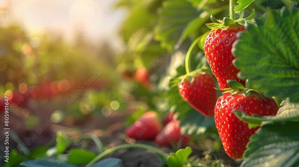 A vibrant and lush strawberry field, with bright red strawberries hanging from the branches in full bloom under warm sunlight. creating an inviting scene of nature's abundance. A vibrant and lush strawberry field, with bright red strawberries hanging from the branches in full bloom under warm sunlight. creating an inviting scene of nature's abundance.