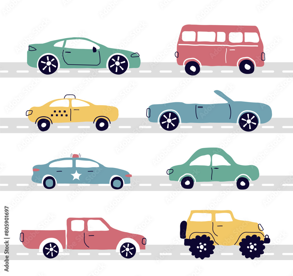 A set of modern cars. Taxi, policeman, convertible, pickup truck. A truck, an SUV, a subcompact. City cars in a flat style. for the Internet, print, banner, card. vector art illustration. A set of modern cars. Taxi, policeman, convertible, pickup truck. A truck, an SUV, a subcompact. City cars in a flat style. for the Internet, print, banner, card. vector art illustration.