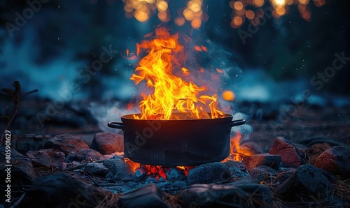 A large pot sits over a campfire, flames licking at its sides