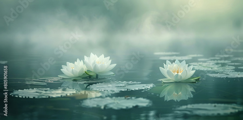 water lilies on a misty lake, used as background