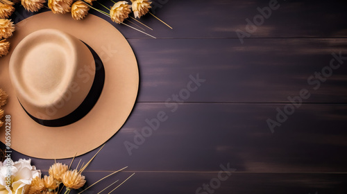 Beach straw hat on dark wood table with space for text. Vacation, relax and travel items