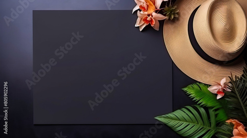 Beach straw hat with flowers and green branches on dark wooden table top view with card for text, space for text. Vacation, relax and travel items