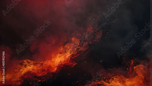 Inferno Horizon, Wide Banner Featuring a Fiery Red Sky and Abstract Black and Red Background with Dynamic Smoke and Flame Effects.