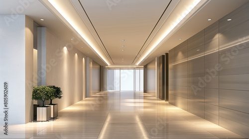 High-rise entrance hall with a minimalist gypsum ceiling and recessed lighting, reflecting off a light wooden floor.