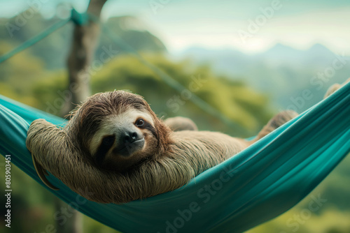A sloth, either twotoed or threetoed, sleeps peacefully in a blue hammock. Generative AI photo