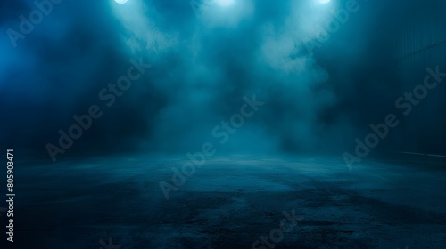 Empty dark street with smoke, fog and spotlights. Abstract background