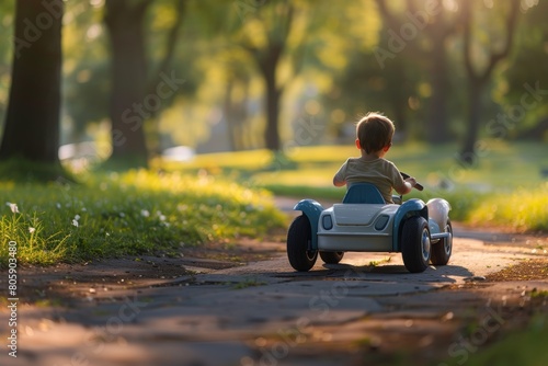 Young child enjoying riding a toy electric car in a green park on a sunny summer day photo