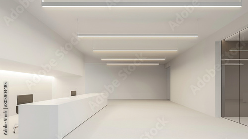 A minimalist office space with an all-white ceiling, subtly accented with narrow, linear light fixtures that give a clean and contemporary feel.