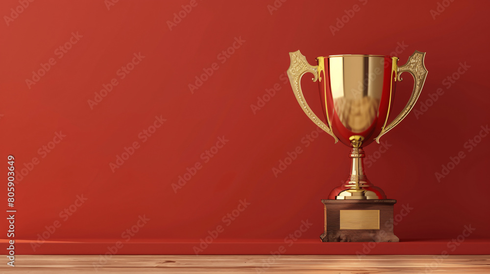 Golden trophy cup on wooden table with red wall background Golden trophy cup on wooden table with red wall background