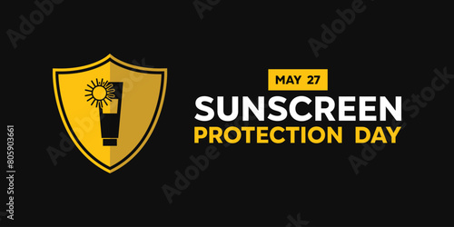 Sunscreen Protection Day. Shield, sun and sunscreen. Great for cards, banners, posters, social media and more. Black background.