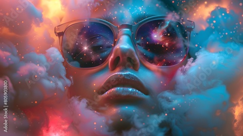female face in sunglasses, surrounded by clouds and stars