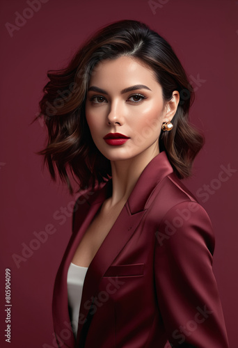 Elegant woman with glamorous makeup and hairstyle posing in a maroon blazer, perfect for beauty, corporate, or International Women's Day themes