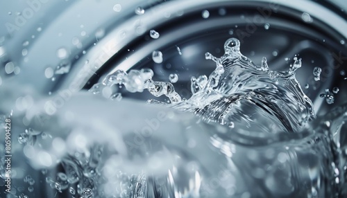 High-quality closeup of water splashes in washing machine drum, detailed shot on white background photo