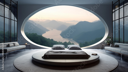Luxurious Bedroom Overlooking Misty Mountains