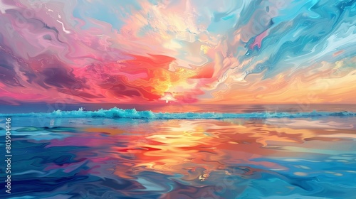 Colorful sky and ocean wave abstract background. Oil painting style. 