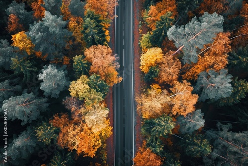 Aerial top view of an asphalt road going through an autumn forest  © Tatiana
